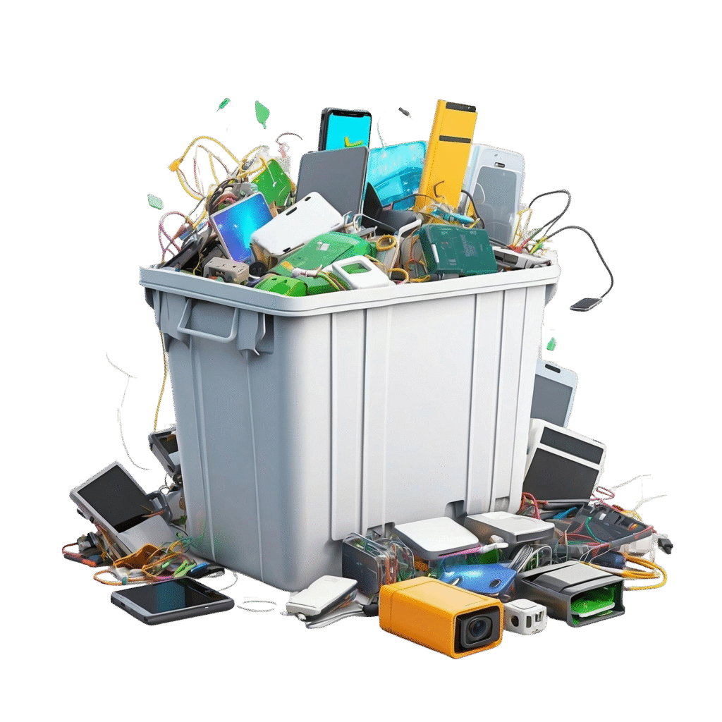 Trash bin overflowing with electronic waste. A gray recycling bin filled with assorted gadgets and cables, including smartphones, tablets, laptops, cameras, chargers, and other electronics spilling around the base. Transparent background.