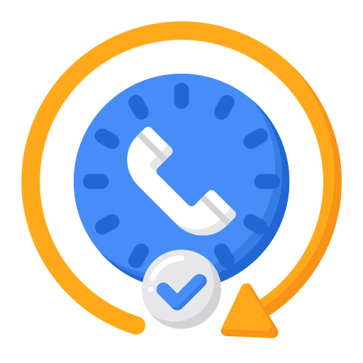 An abstract circular clock icon with a blue phone symbol in the center, a white checkmark badge, and an orange circular arrow with a small orange triangle.