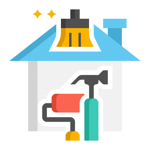 Front view of a small house icon with cleaning tools (squeegee, spray bottle, broom) inside.
