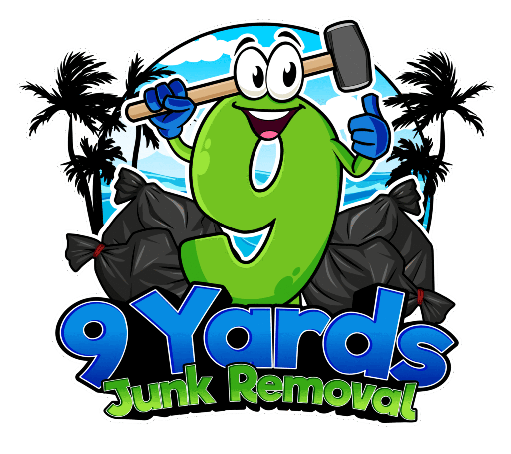 Cartoon logo featuring a large green number 9 holding a hammer, with trash bags and palm trees in the background and the text "9 Yards Junk Removal" at the bottom.