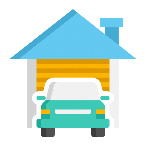 A blue house-shaped garage with a teal car inside, seen from the front.